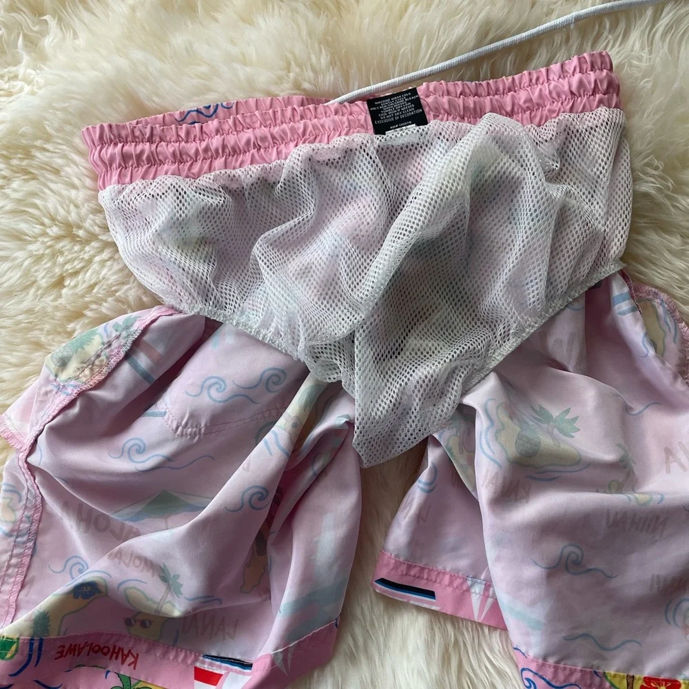 Edgar + Ash Men’s Swim Trunks. Pink with Hawaiian Theme. Size Medium